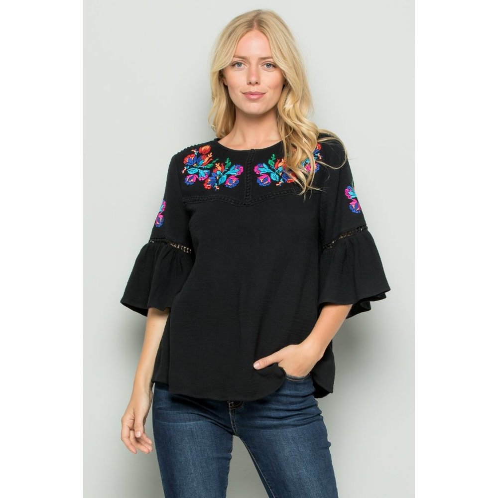 See and Be Seen Embroidered Bell Sleeve Top, Black